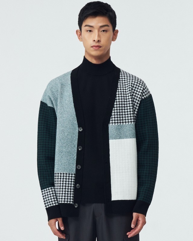 HOUND-TOOTH CHECK PATCHWORK KNIT CARDIGAN