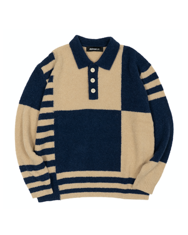 COLOR BLOCK POLO COLLAR KNIT (NAVY/BEIGE)